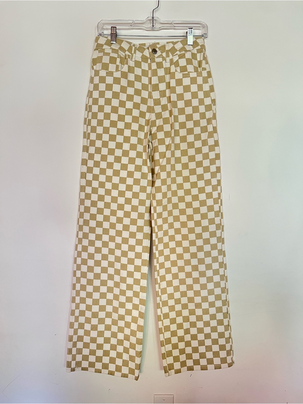 Checkerboard Wide-Leg Pants - Cream & Tan